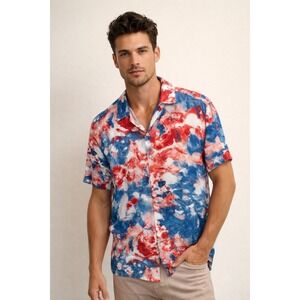 Red White & Blue Tie Dye Men's Button Up Short Sleeve Shirt Sz 2XL 4th of July